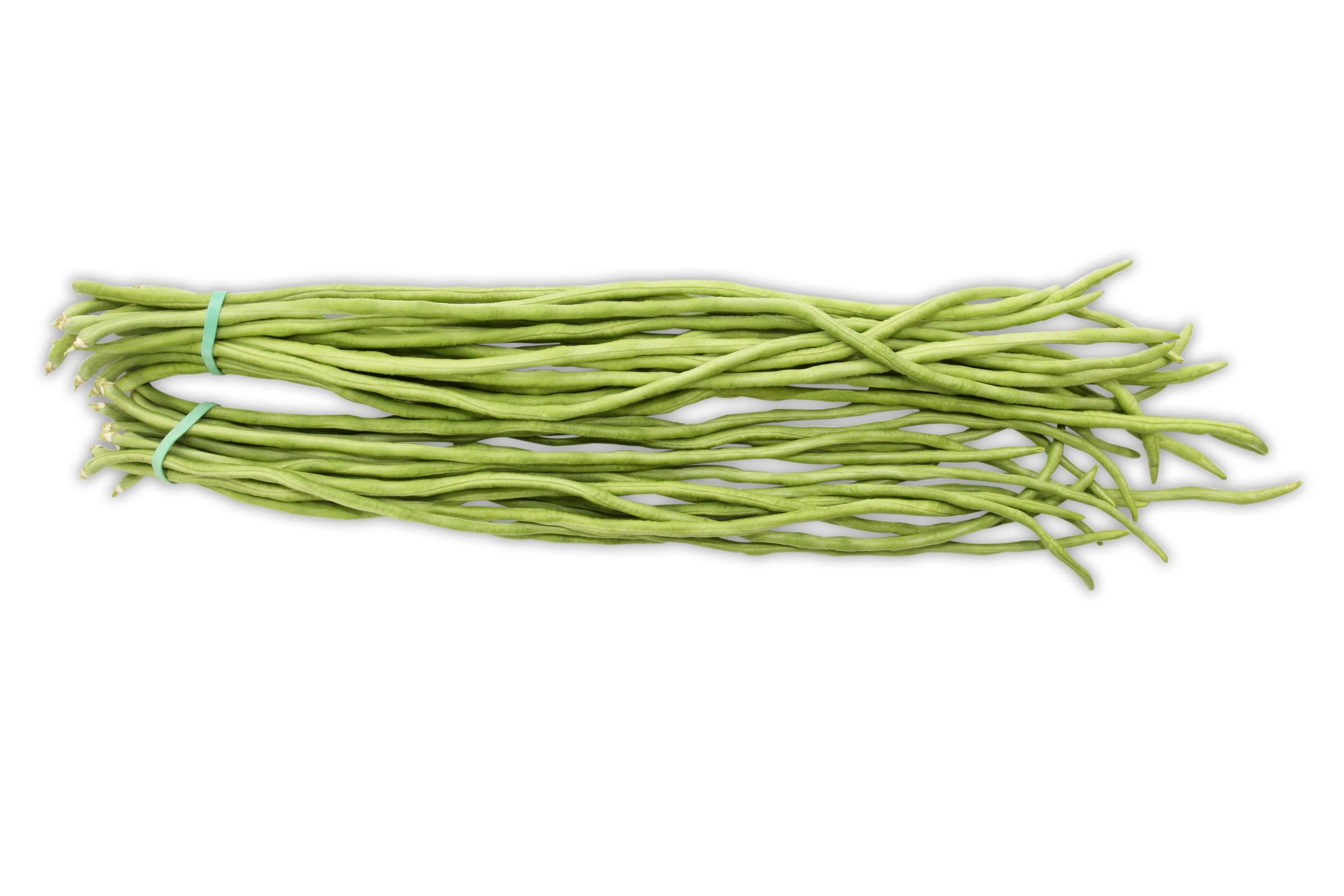 A bundle of long, slender, pale-green long beans on a white background.